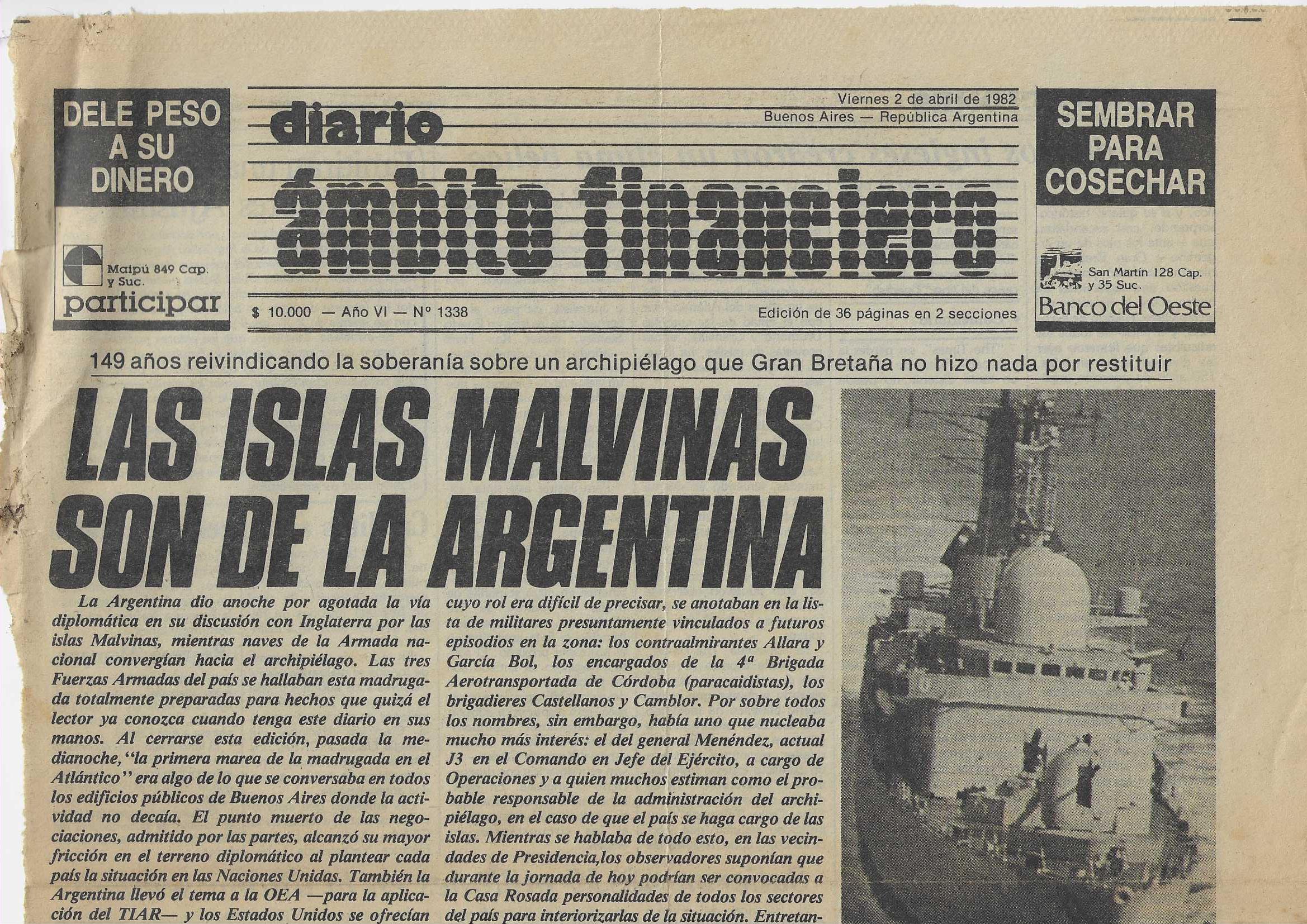 Tapa de Ámbito Financiero del 2 de abril de 1982